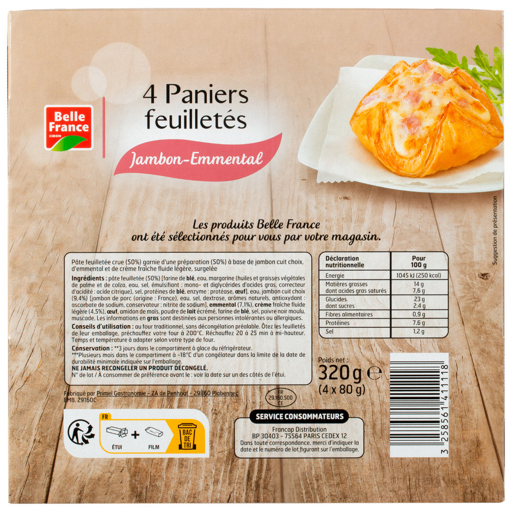 PANIERS FEUILLETÉS JAMBON-EMMENTAL X 4 BELLE FRANCE 320 G
