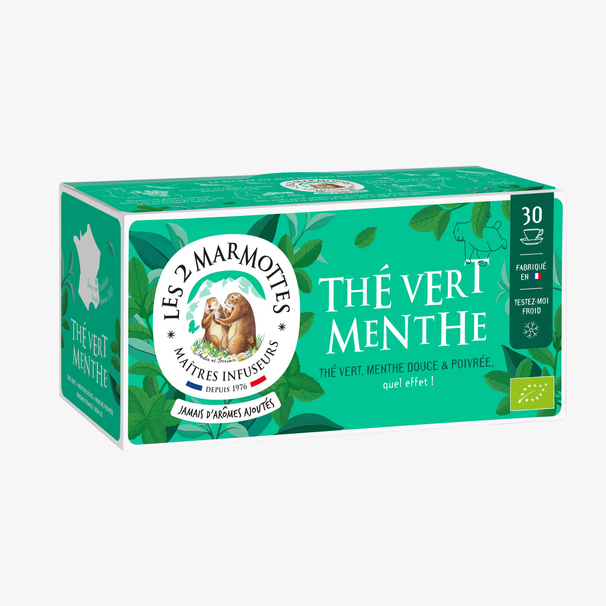 LES 2 MARMOTTES - Thé Vert Menthe - Thé vert 100% BIO à la menthe douce et poivrée - 45 g
