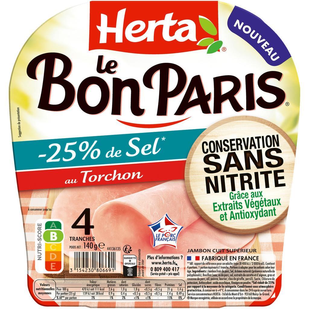 HERTA LE BON PARIS Jambon au Torchon Conservation Sans Nitrite -25%selx4-140G
